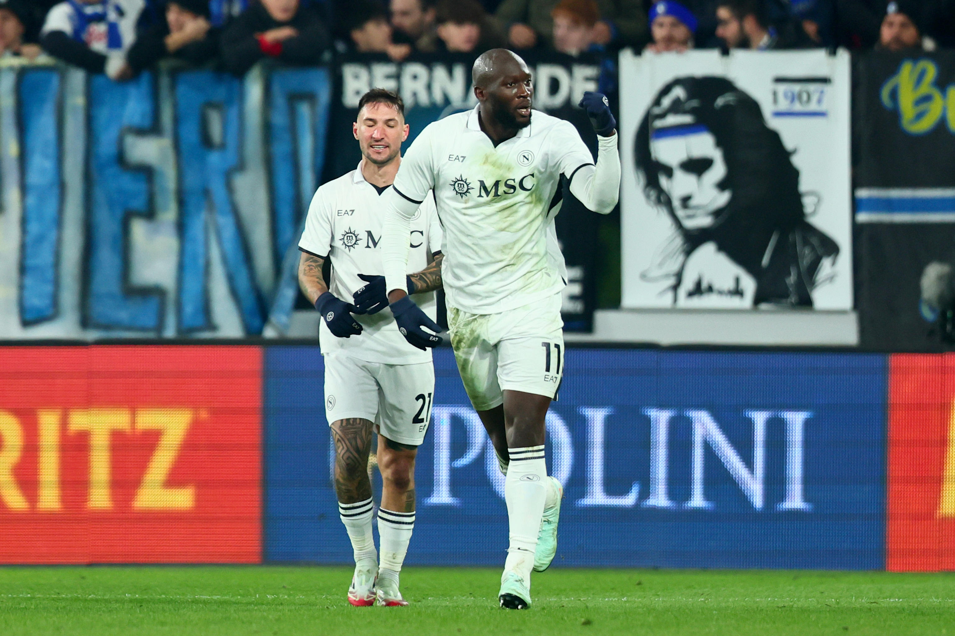 Napolis Romelu Lukaku celebrates after goal 2-3 during the Italian Serie A soccer match Atalanta BC vs SSC Napoli at Gewiss Stadium in Bergamo, Italy, 18 January 2025. ANSA/MICHELE MARAVIGLIA