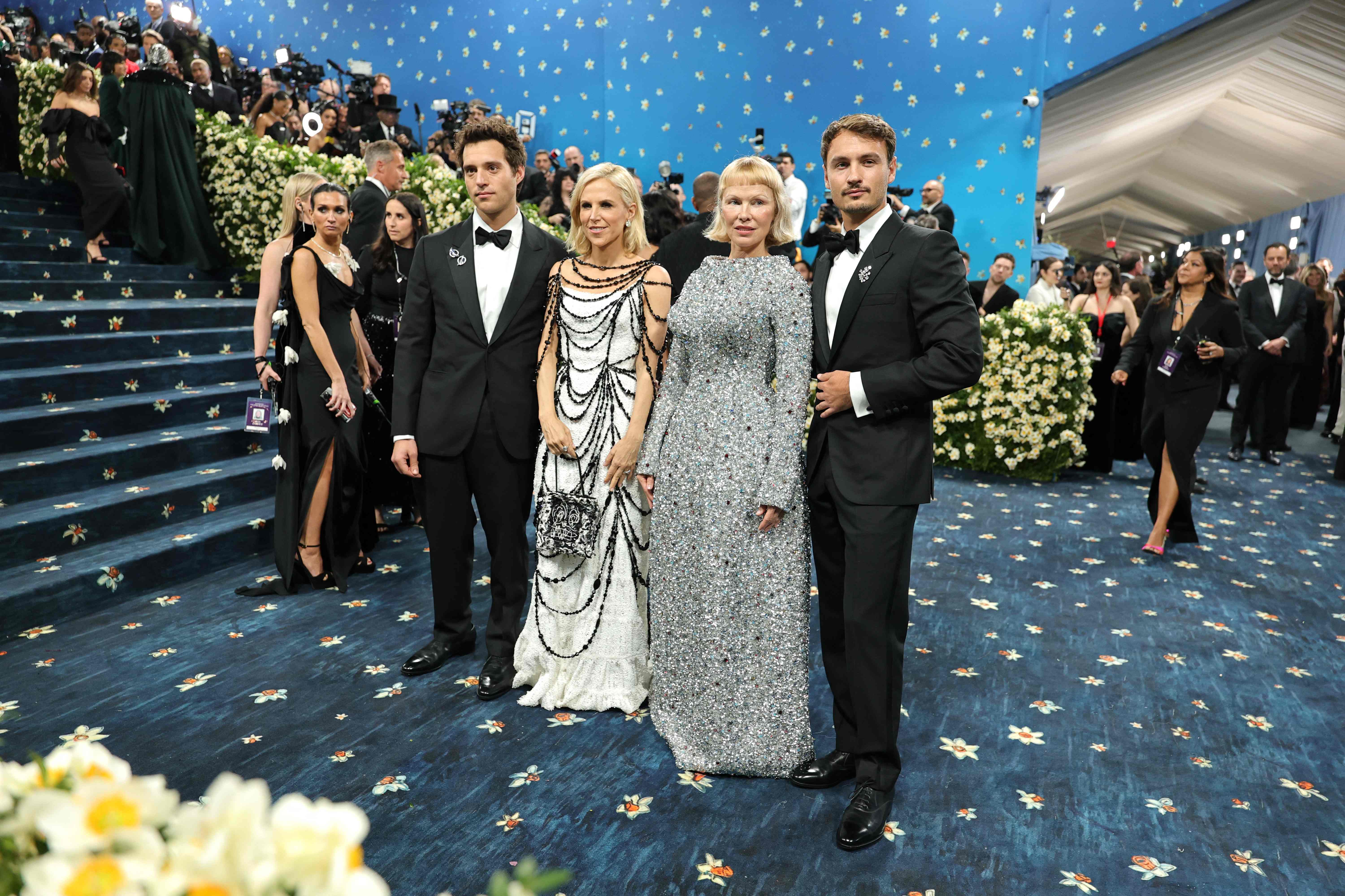 New York, New York - May 05: (LR) Henry Burch, Tory Burch, Pamela Anderson, and Brandon Thomas Lee Attention The 2025 Met Gala Celebing 