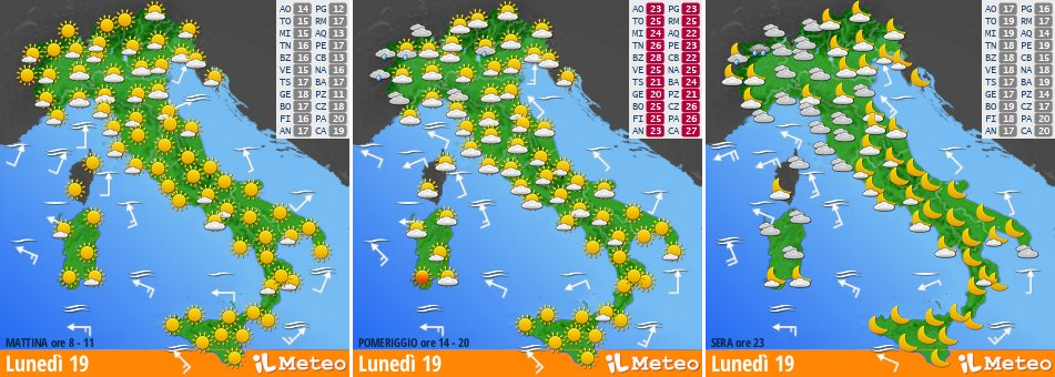 The forecasts of Monday 19 May: last day of good weather, rains and strong thunderstorms come from Tuesday