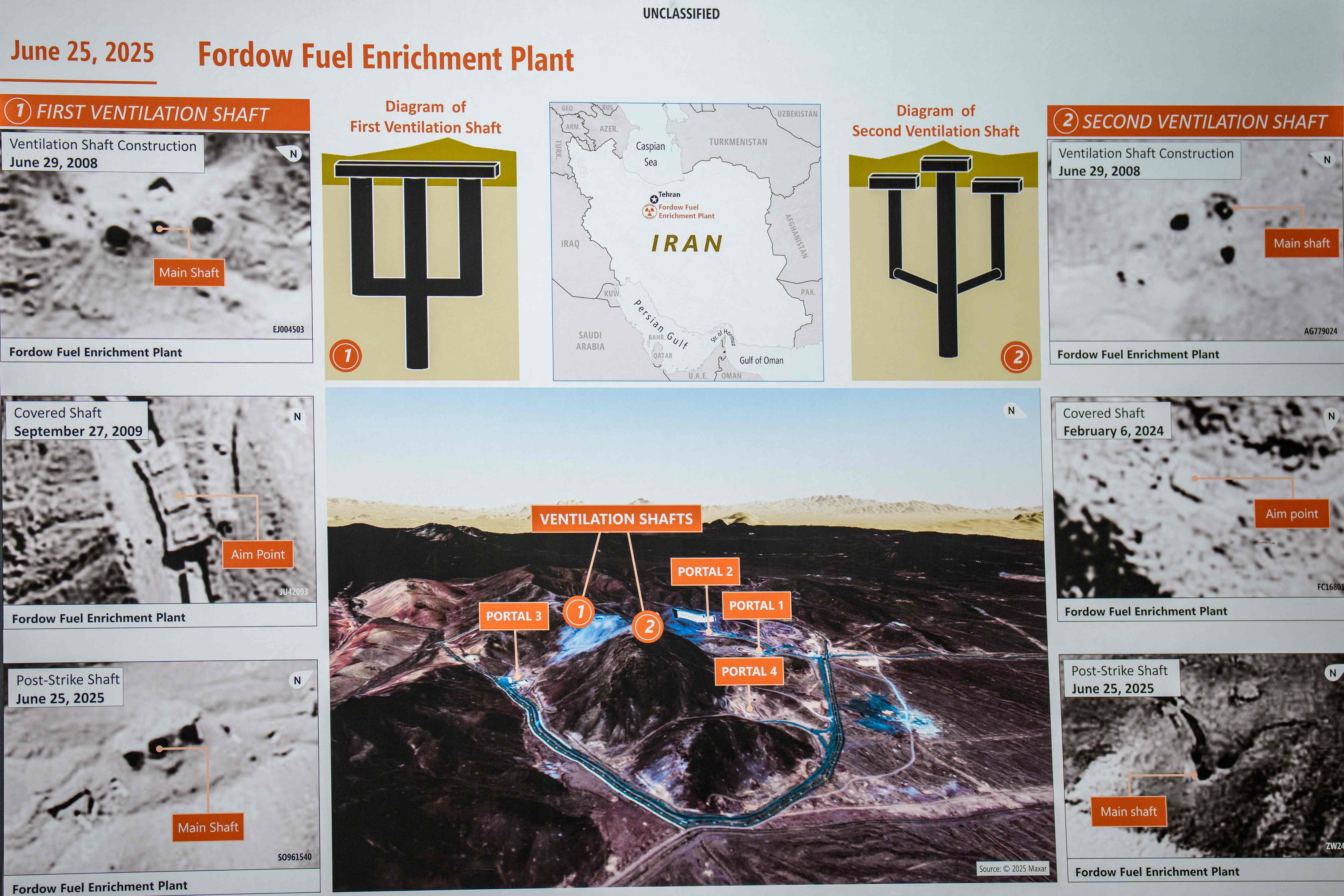 ARLINGTON, VIRGINIA - JUNE 26: A poster of the Fordow Fuel Enrichment Plant is displayed as Chairman of the Joint Chiefs of Staff Air Force Gen. Dan Caine and U.S. Defense Secretary Pete Hegseth hold a news conference at the Pentagon on June 26, 2025 in Arlington, Virginia. Top officials from the Department of Defense gave an update after three Iranian nuclear facilities were struck by the U.S. military last weekend and Iran countered by launching missiles at Al Udeid Air Base in Qatar.   Andrew Harnik/Getty Images/AFP (Photo by Andrew Harnik / GETTY IMAGES NORTH AMERICA / Getty Images via AFP)