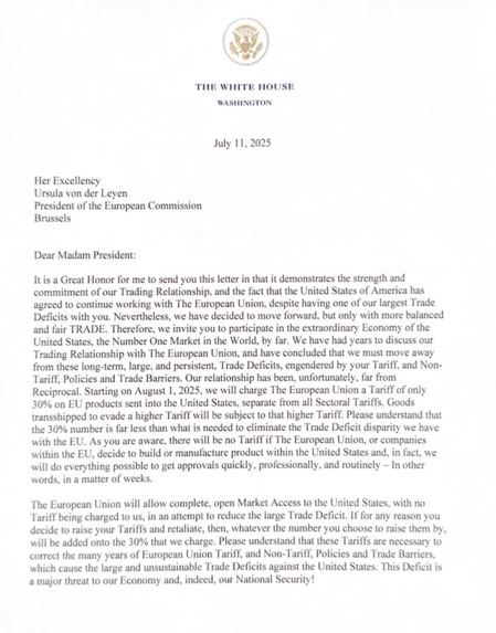 Dazi, la lettera di Trump all’Ue: tariffe al 30% dal 1° agosto