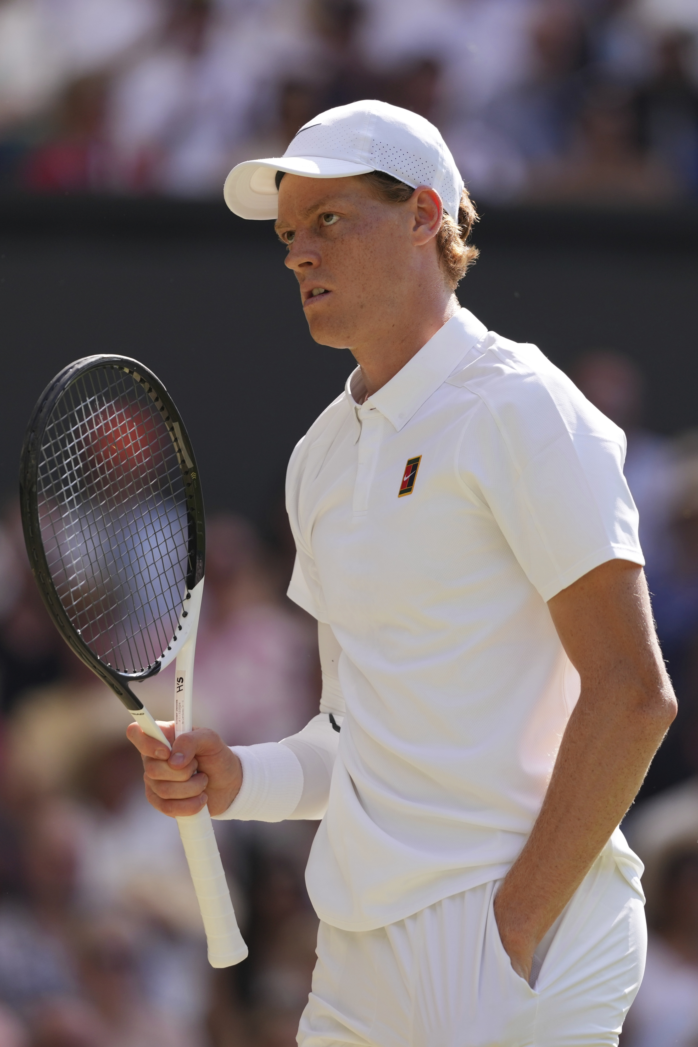Jannik Sinner of Italy reacts during the men's singles final match against Carlos Alcaraz of Spain at the Wimbledon Tennis Championships in London, Sunday, July 13, 2025.(AP Photo/Kirsty Wigglesworth)