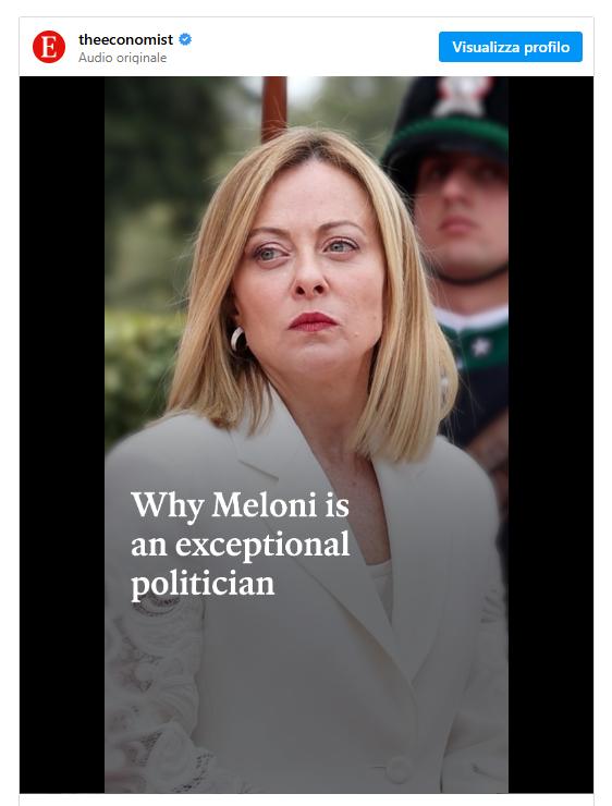 L'Economist: «Giorgia Meloni politica eccezionale»