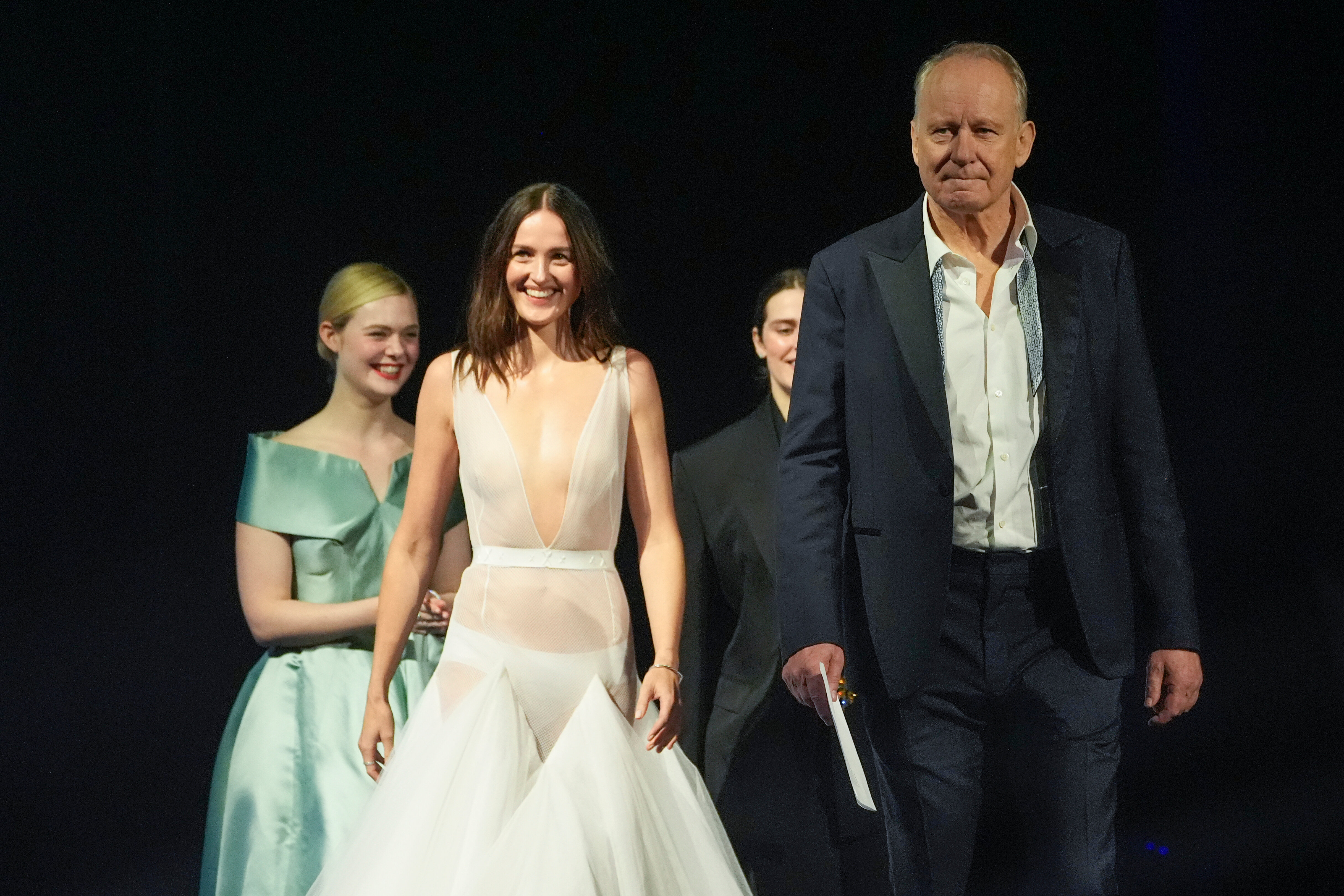Elle Fanning, from left, Renate Reinsve, Inga Ibsdotter Lilleaas, and Stellan Skarsgård, during the 37th Palm Springs International Film Festival Film Awards on Saturday, Jan. 3, 2026 at Palm Springs Convention Center in Palm Springs, Calif. (A...